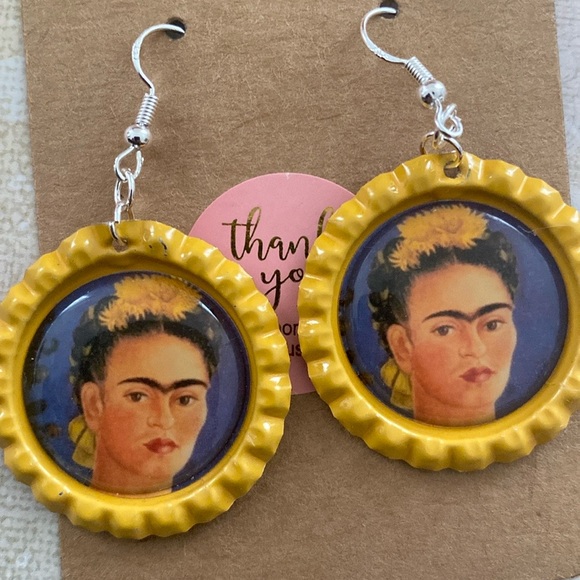 Frida Kahlo. handcrafted bottle Cap Earrings - Picture 5 of 14